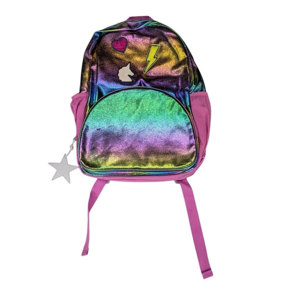 Cat & Jack Girls Metallic Rainbow Unicorn Patch Backpack Pink New With Tags
